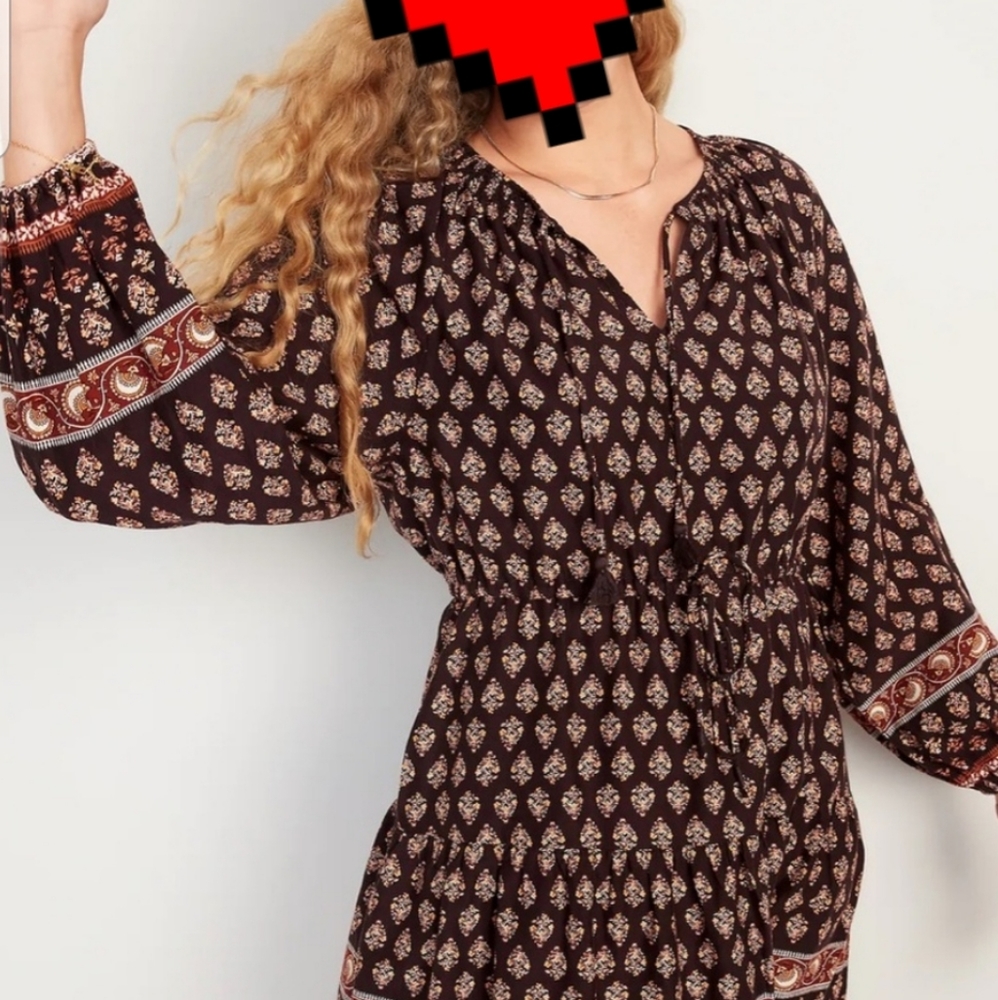 Nwt Old Navy Dress Boho Poet Maxi Midi Flare Brown Vneck Tassels Tiered Swing - Picture 5 of 15